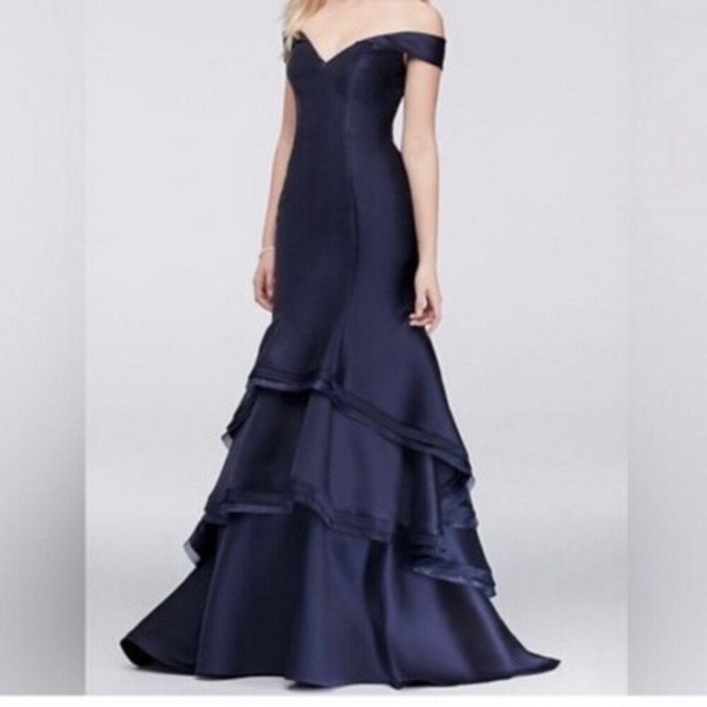 Xscape Navy Blue Off the Shoulder Taffeta Tiered Ruffle Gown